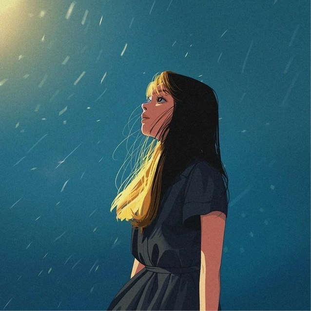 Illustration of a girl looking up in the rain